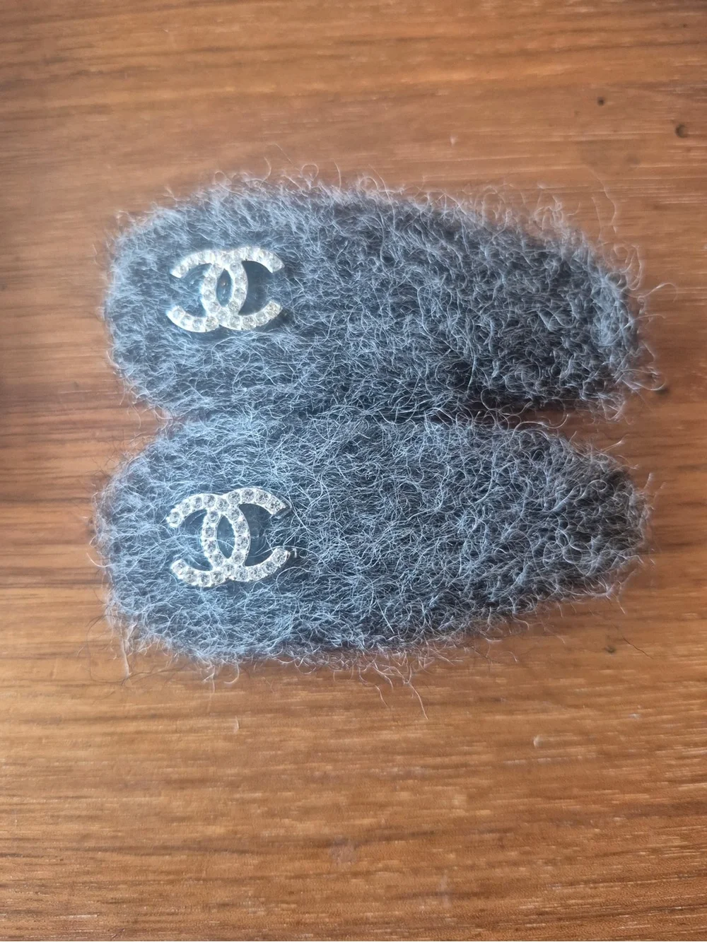 Fuzzy  Barrettes  in Gray with Decorative Logo